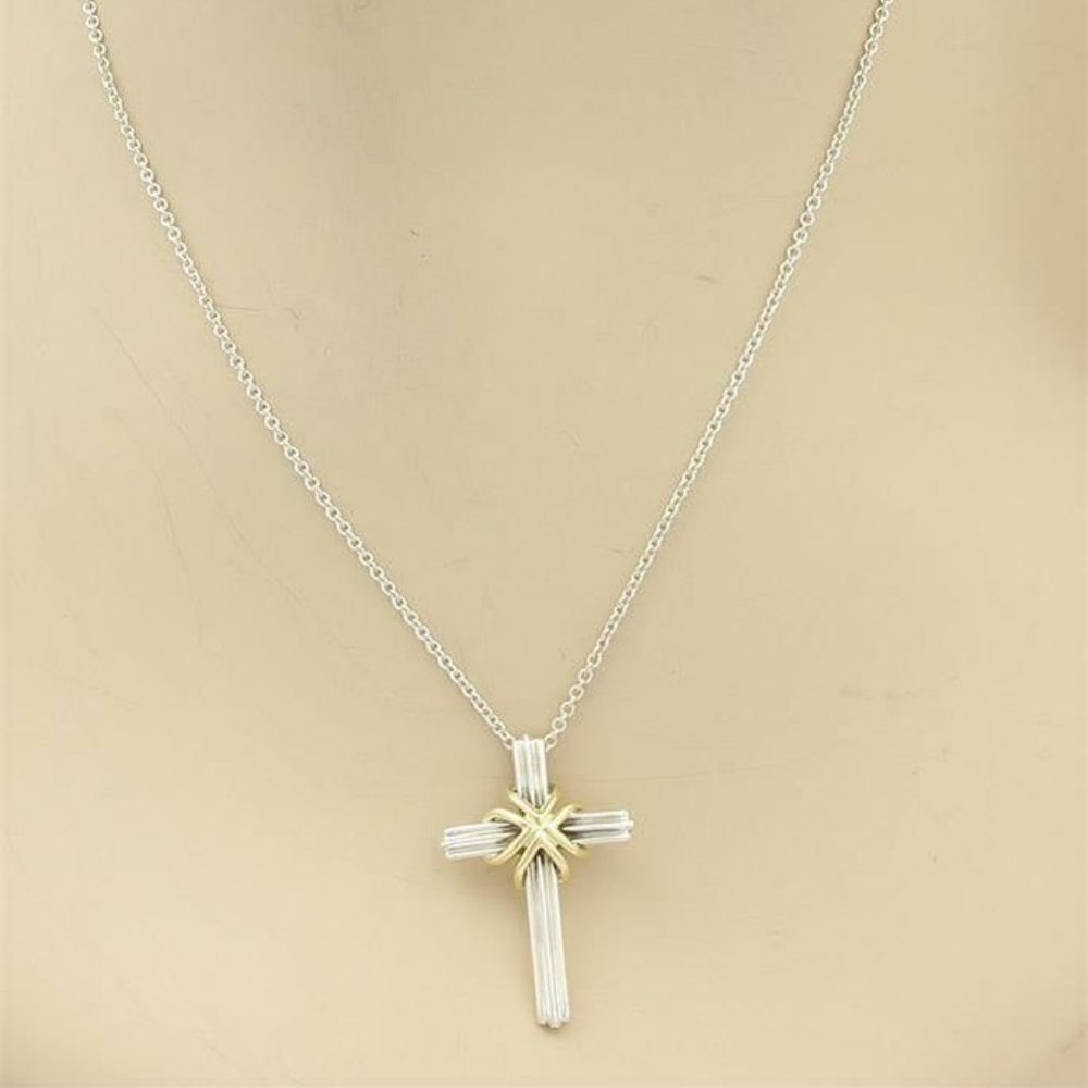 Tiffany & Co. 925 Silver 18k Gold Cross Necklace - Picture 2 of 7